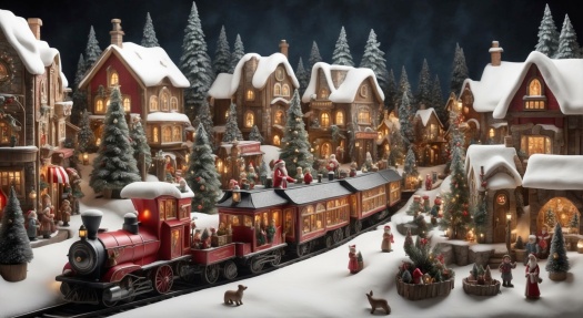 AI Christmas Village with Train passing through